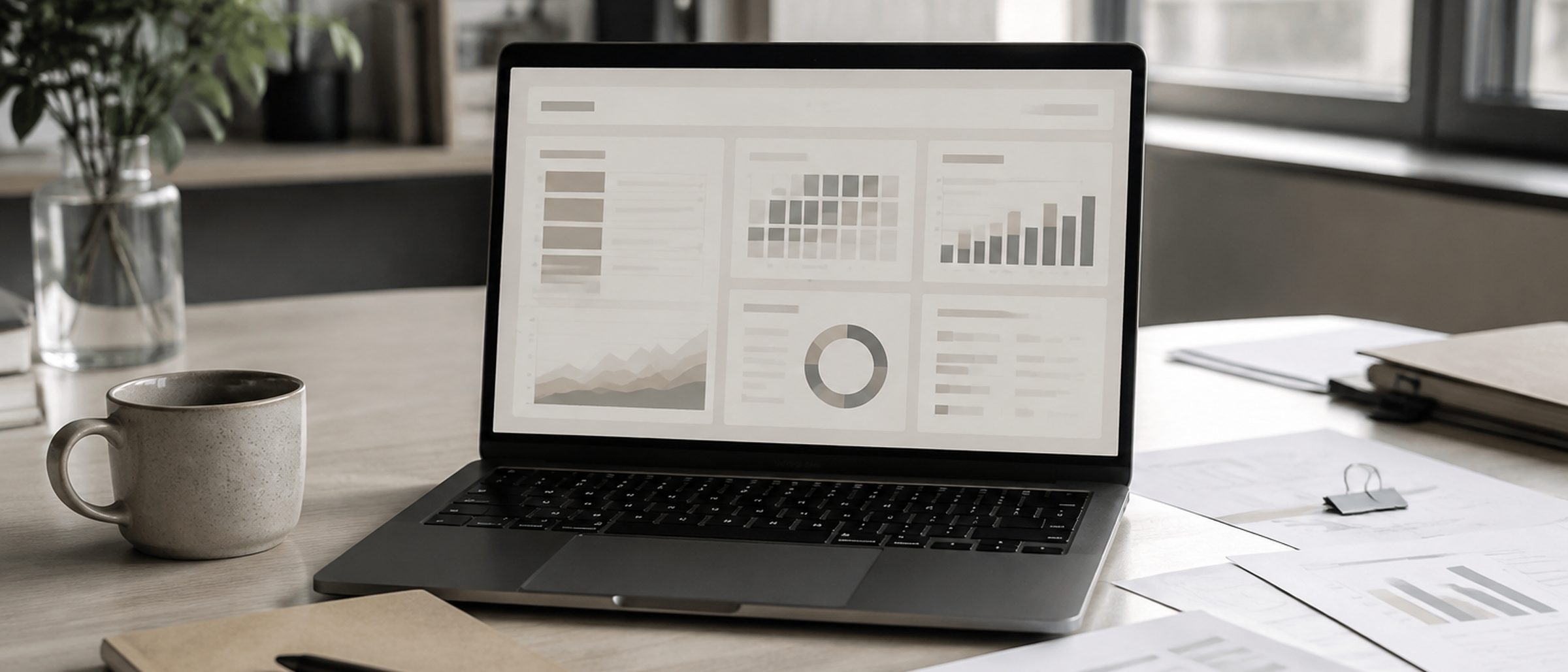 Illustration: a laptop with an abstract account overview, printed charts and a notebook on an office desk.
