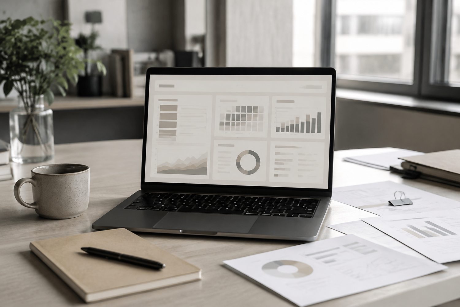 Illustration: a laptop with an abstract account overview, charts and a notebook.