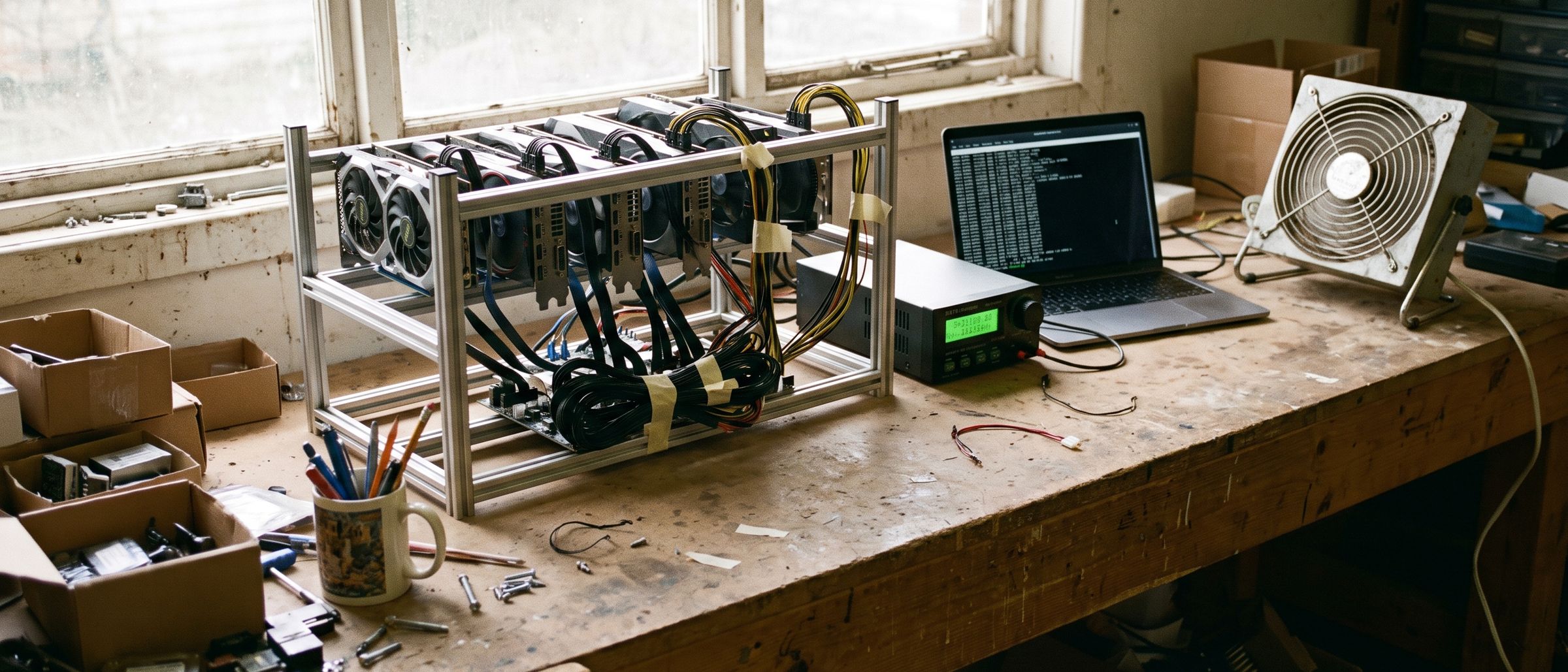 Illustration: consumer graphics cards racked on a long workbench, cables labelled, a bench power meter, a laptop.