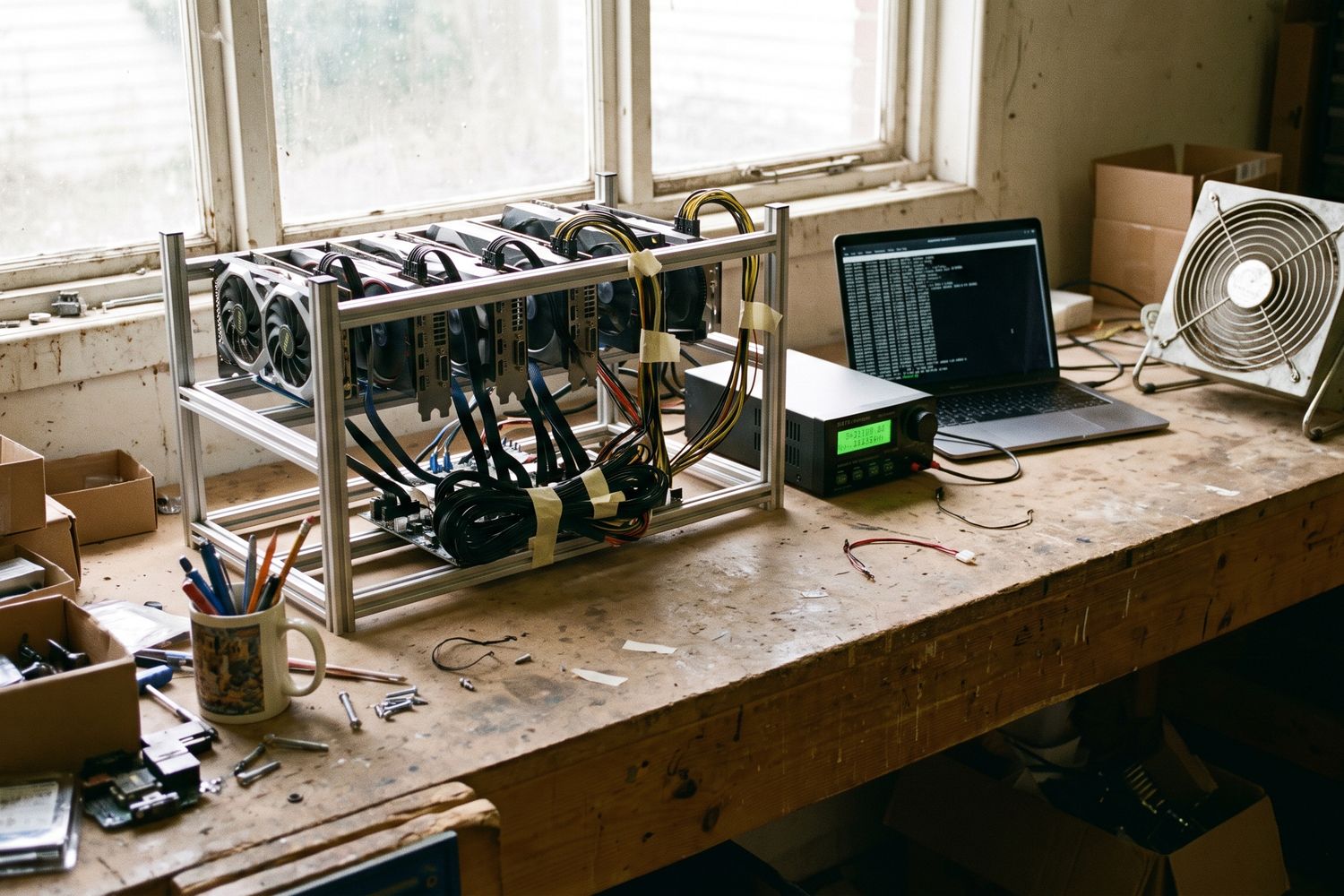 Illustration: graphics cards on a workbench with labeled cables, a power meter and a laptop.
