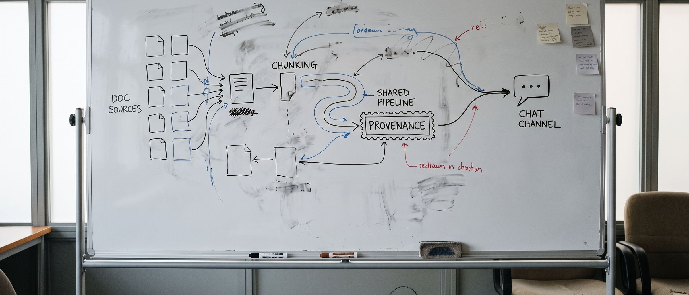 Illustration: a whiteboard with the ingestion pipeline sketched in marker: sources, chunks, provenance, a chat channel.