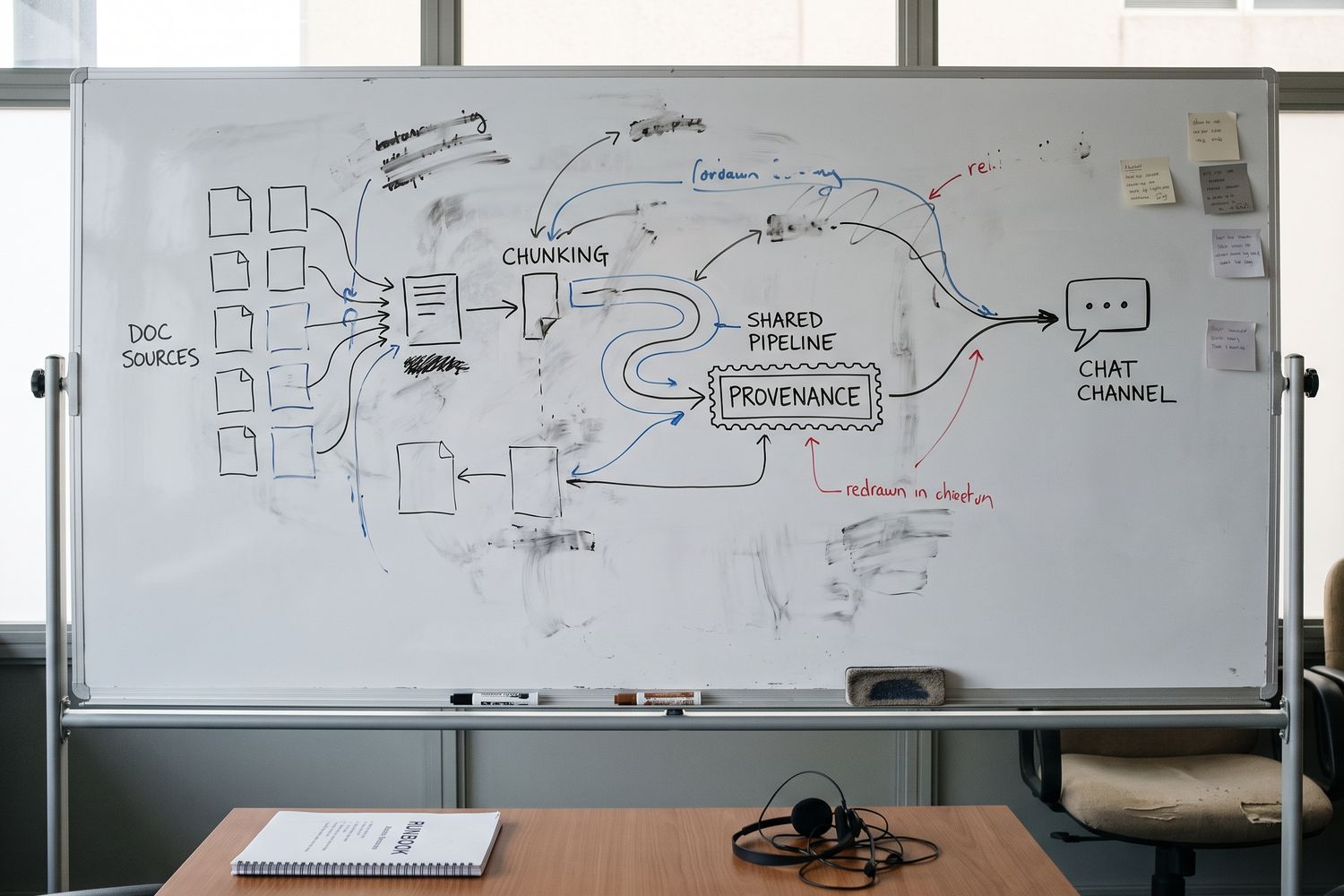 Illustration: a whiteboard with an ingestion pipeline sketched in marker.