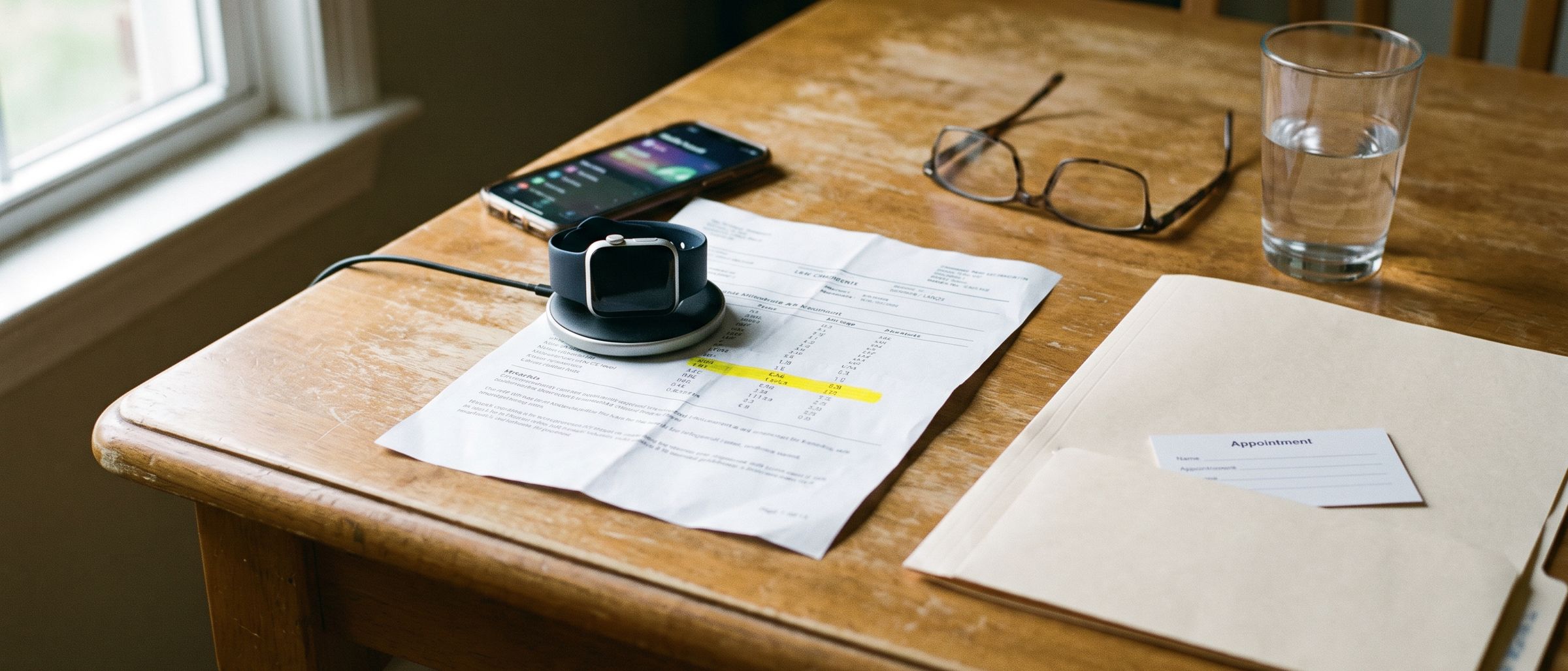 Illustration: a kitchen table with a smartwatch on its charger over a printed lab report, a phone showing a health record, a clinic folder.